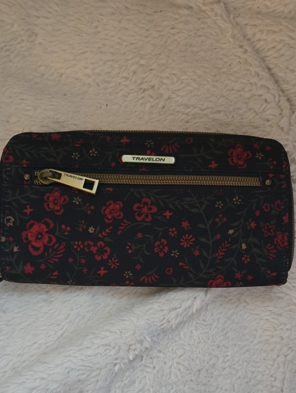 Travelon Black Wallet with Red Floral Pattern and Gold Hardware